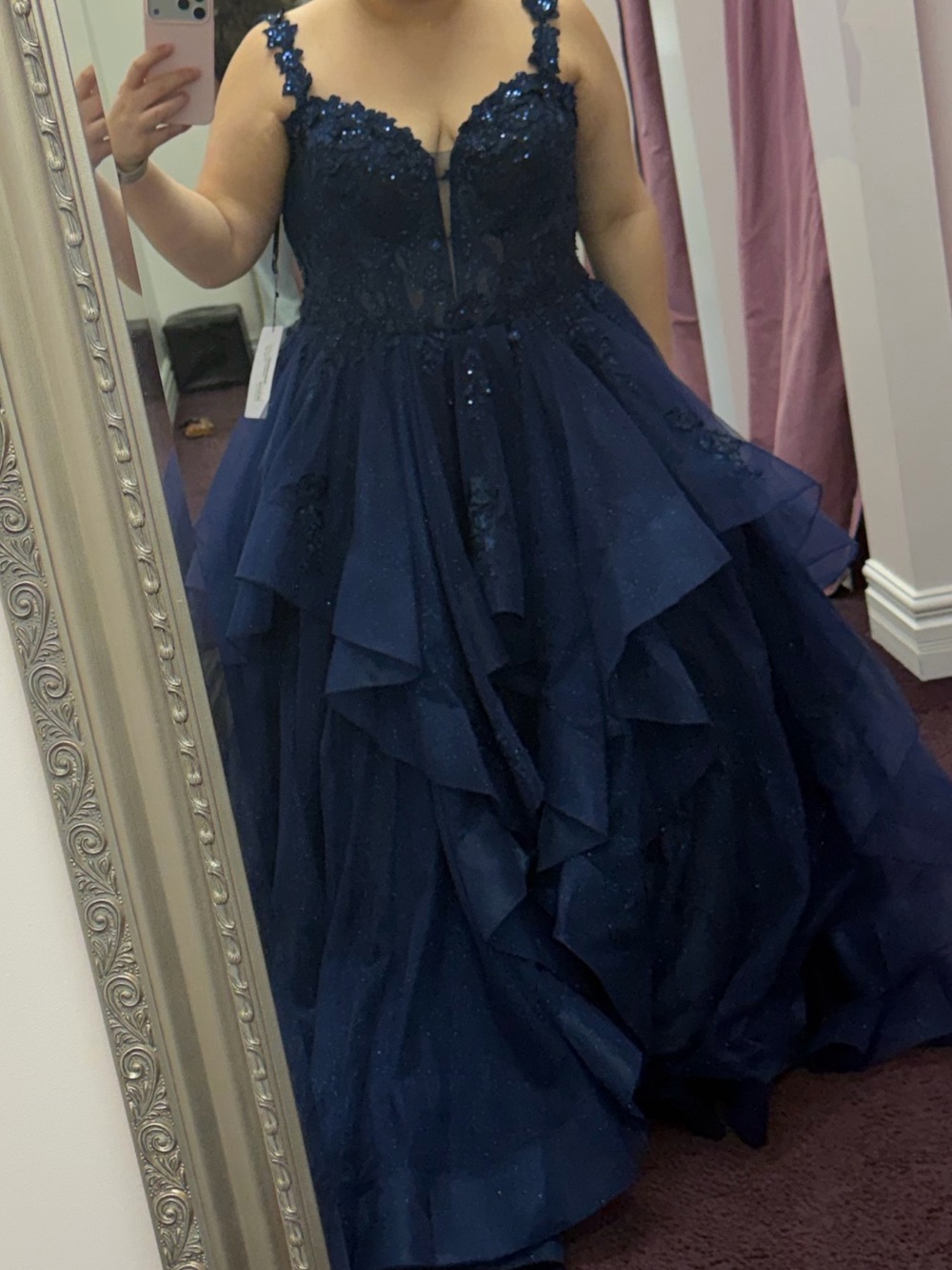 Navy Blue Beaded Tulle Ball Gown Dress